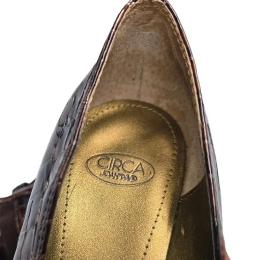 Circa Joan David Brown Faux‎ Crocodile Patent Leather Wedge Loafers 9M